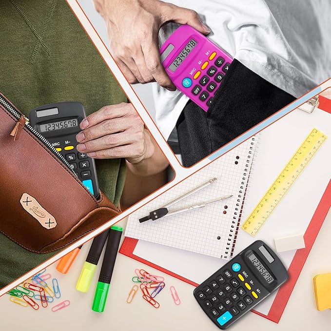 18 Pack Pocket Size Mini Calculator, Solar Battery Dual Power, 8 Digit Display Basic Calculator, Multicolor
