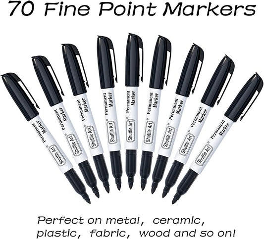 Shuttle Art Permanent Markers, 70 Pack Black Permanent Marker set,Fine Point, Works on Plastic,Wood,Stone,Metal and Glass for Doodling, Marking