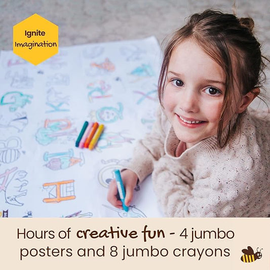 Honeysticks Kids Activity Set - 4 Giant Coloring Posters for Kids and 8 Jumbo Beeswax Crayons - Fun and Educational Posters for Toddler, Preschool Coloring. Perfect Gifts for Toddlers, Kids Aged 3-5