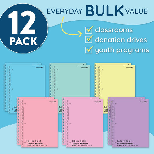 Blue Summit Pastel Spiral Notebook College Ruled, One Subject School Notebooks Spiral, Perforated Notebooks Bulk, 8 x 10.5 School Book, Paper, College Ruled, 12 Pack