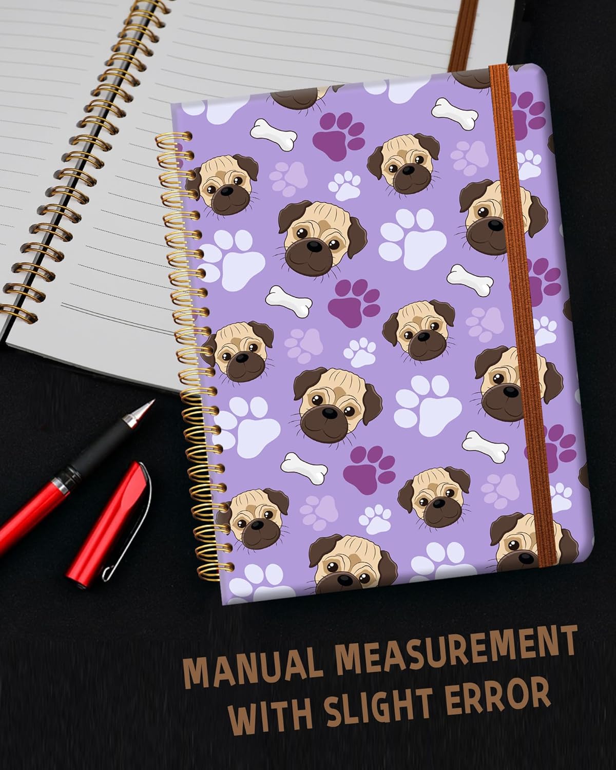 Ruled Spiral Writing Notebook,A5 Hardcover Lined College Journal for Women Lady,Fashion Puppy Watercolor Strong Twin-Wire Binding with Premium Paper,8.4" X 6",Perfect for School,Office,Home Gifts(Pug Bones Paws)