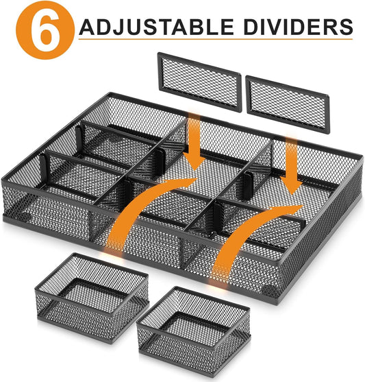 Marbrasse 3 Packs Desk Drawer Organizers, Metal Mesh Dividers Desk Drawer Organizer Tray with 9 Adjustable Compartments, Pen Organizer for Drawer Tray Box Accessories for Desktop,Kitchen, Makeup