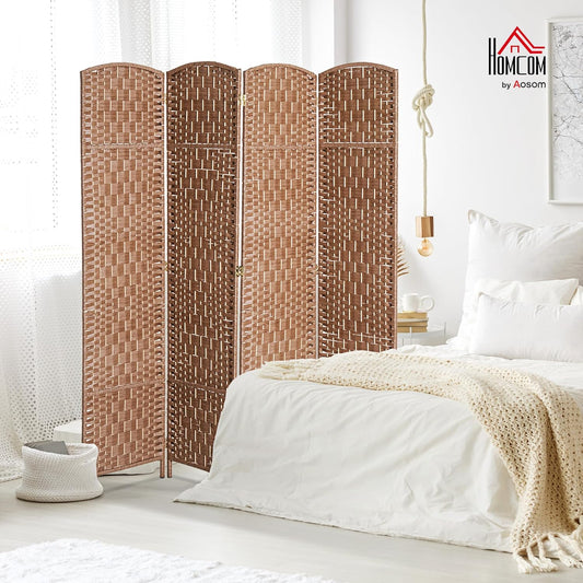 HOMCOM Room Divider 4 Panels Folding Privacy Screen 6FT Tall Portable Wicker Weave Partition Wall Divider for Bedroom Home Office, Natural Wood