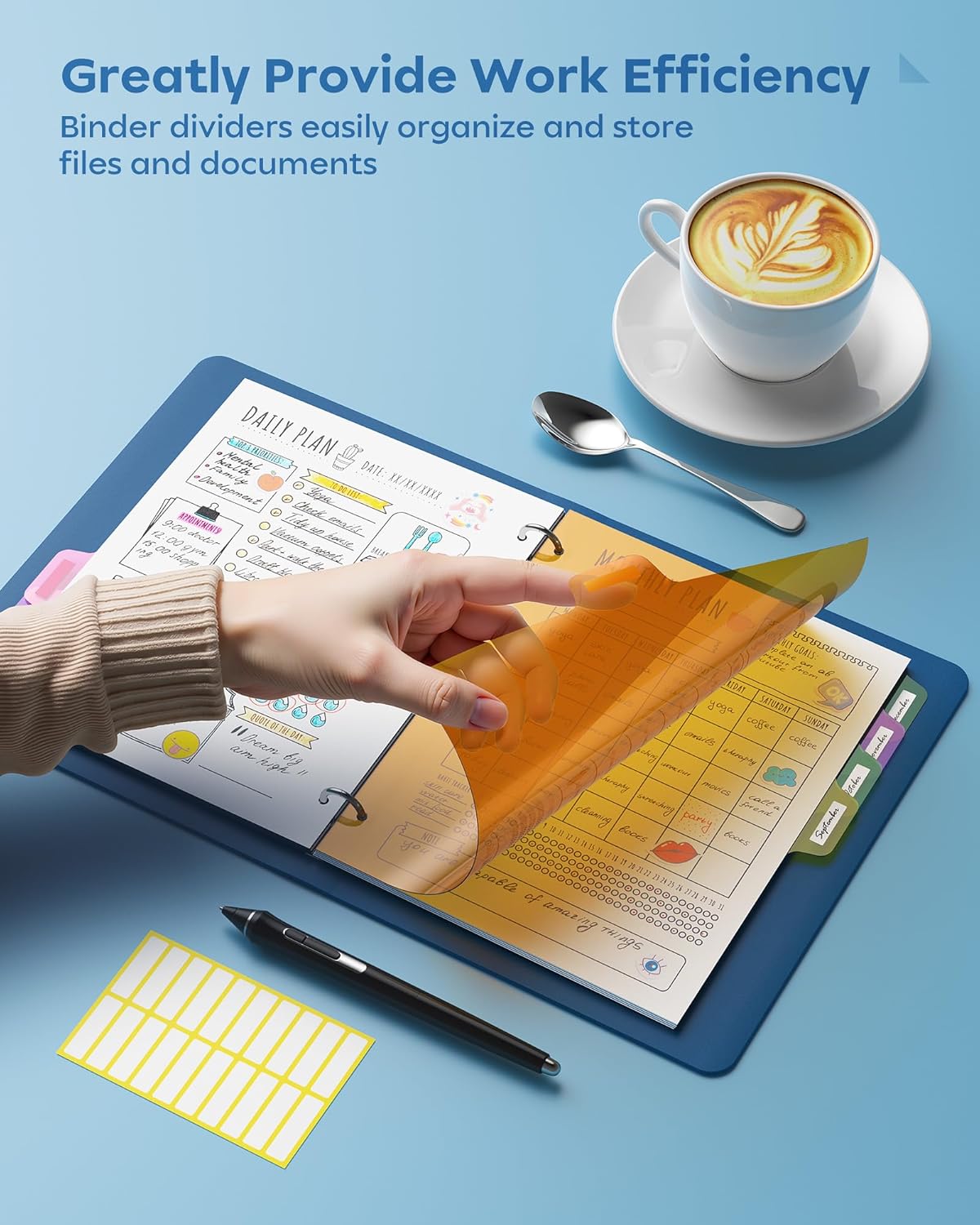 8 Tab Binder Dividers for 3 Ring Binder, 1 Set/8 Count, Thicken, Write & Erase Reusable Waterproof Plastic Binders for School & Office Files, Extra 20 Labels