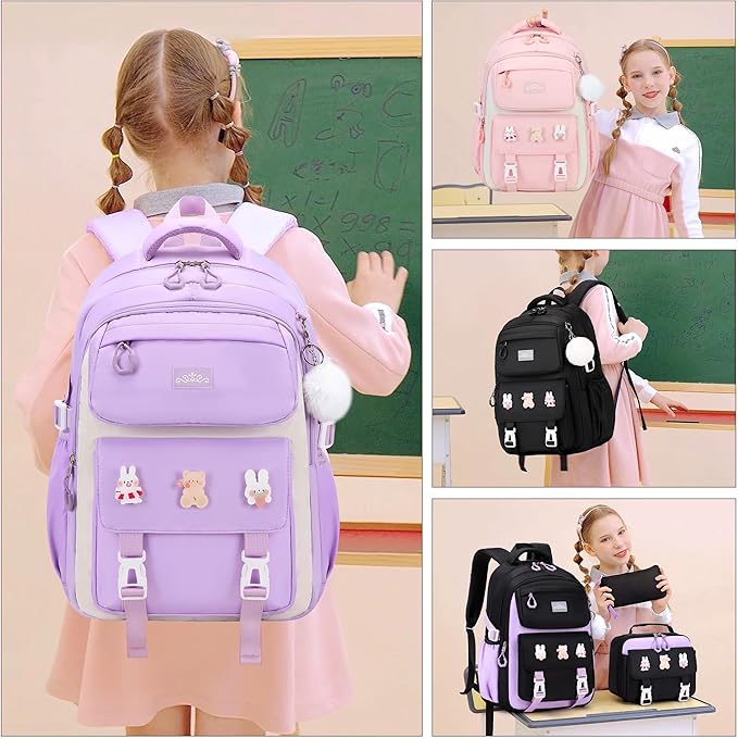 3PCS Girls Backpack for School, Kids Backpack for Girls with Lunch Box Pencil Case Set for Teen Girl Elementary Primary Middle High College School Bookbag with Cute Pins (Purple)
