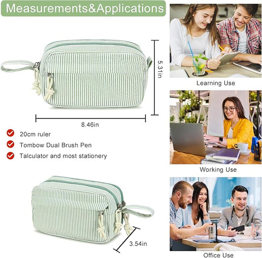 Bluboon Big Capacity Pencil Case Pencil Pouch Pen Case School Supplies Cute Pencil Box Pencil Bag for Teen Girls Boys Women Man (Green White Stripes)