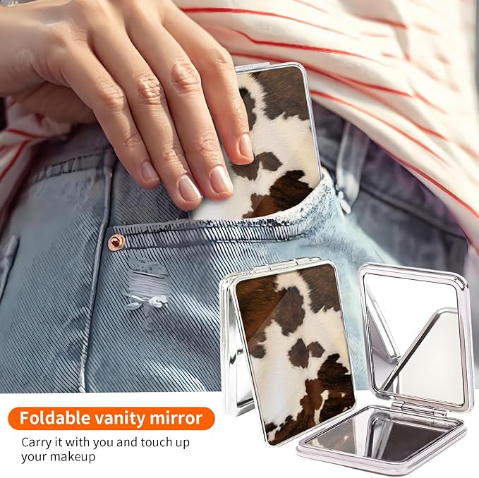 Compact Pocket Mirror, Cute Travel Mini Mirror with Magnification, Foldable Double-Sided Portable Cosmetic Mirror for Men, Women Cowhide Brown Skin