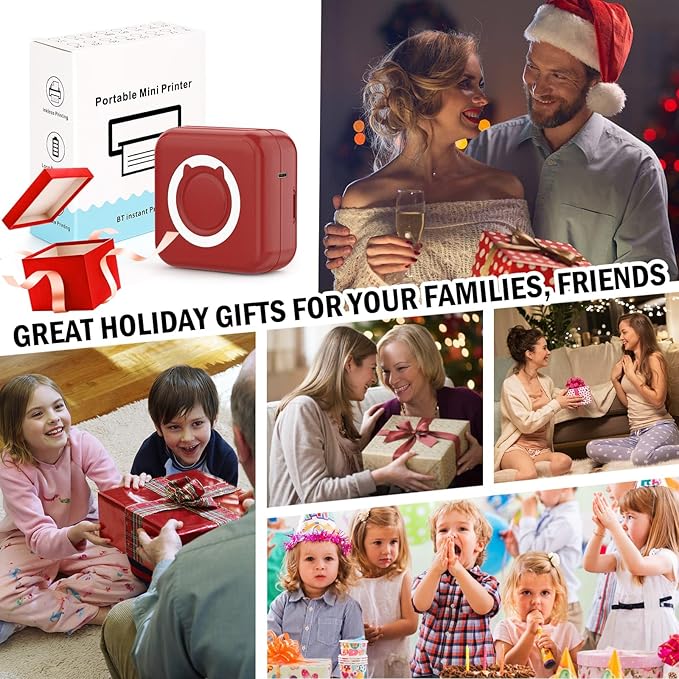 Mini Photo Printer - Portable Pocket Sticker Printers for iPhone Thermal Printer with 10 Rolls Thermal Paper for Photo, Memo, Journal - Dark Red