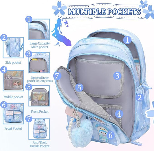 Lovely Girls Backpack School Bag for Students Kids Book Bag with Multiple Pockets Splash-proof Children's Backpack(17inch Blue)