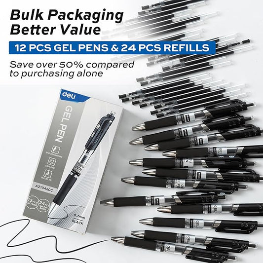deli Gel Pens, 36 Pcs Retractable Black Ink, 12 Pens with 24 Refills,Medium Point Pen 0.7mm, Smooth Writing, Fast Dry, No Bleed for Journaling Note Taking, Home School Office Supplies