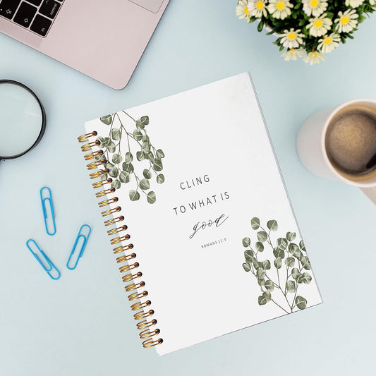 VNWEK Bible Scripture Romans 12:9 Cling to What is Good Motivational Eucalyptus Leaf Spiral Notebook Journal 5.5 x 8.3 inches,Christian Lined Hardcover Spiral Notebook,Christian Gifts