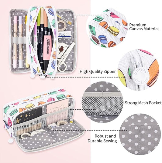 ANGOOBABY Large Pencil Case Big Capacity 3 Compartments Canvas Pencil Pouch for Teen Boys Girls School Students (White Macaron)
