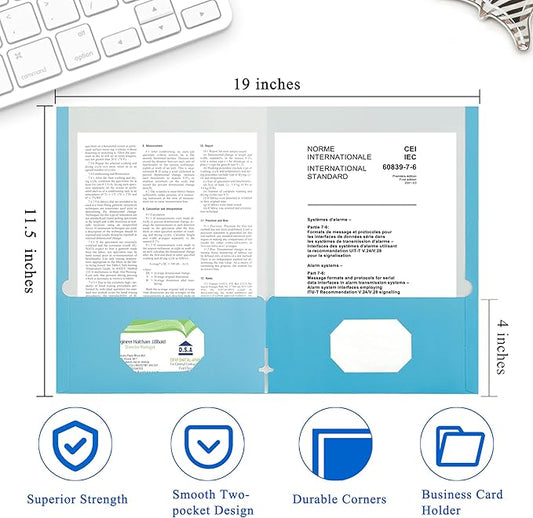 Zzrywuty File Folders with Pockets Letter Size, 25-Pack Paper Folders with Card Slot, Two Pocket Folders for School Students, Businessmen, Home and Office Workers(Light Blue)