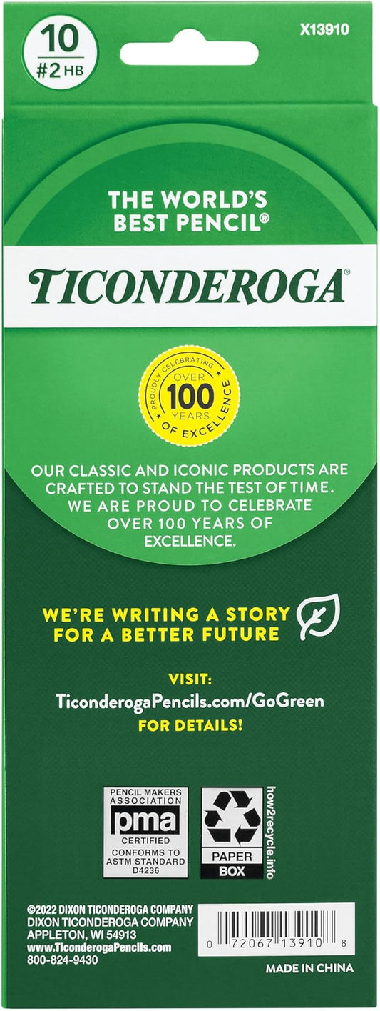 Ticonderoga X13910 Striped Wood-Cased Pencils, 2 HB Soft, Pre-Sharpened, 10 Count, Assorted Colors