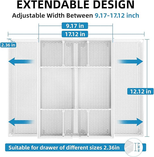 Marbrasse Expandable Desk Drawer Organizer, Mesh Drawer Organizer Tray with 10 Adjustable Compartments, Desk Organizers and Accessories, 5 Dividers Drawer for Office Supplies, Makeup & Vanity (White)