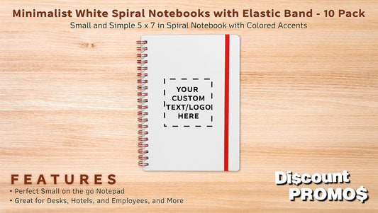 10 White Spiral Notebooks with Elastic Band Pack - Customizable Text, Logo - 80 lined pages, Recycled - Red