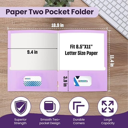 BIBRADAA® 50 Packs File Folders,File Folder with Pockets Fit Letter Size Paper,File Folders Letter Size,Durable Paper Folders for School, Office, Business. (50, Light Purple)