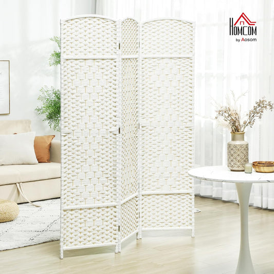 HOMCOM 3 Panel Room Divider, 6' Tall Folding Privacy Screen, Hand-Woven Freestanding Wall Partition for Home Office, Bedroom, White