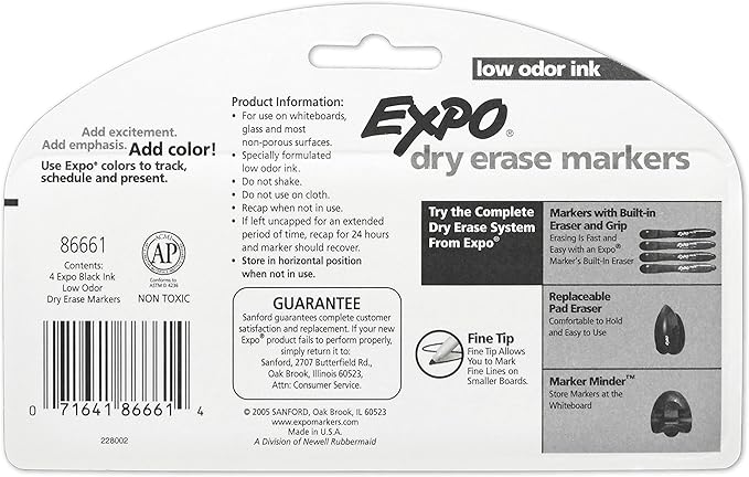 EXPO Low Odor Dry Erase Markers Fine Tip Black 4 Count
