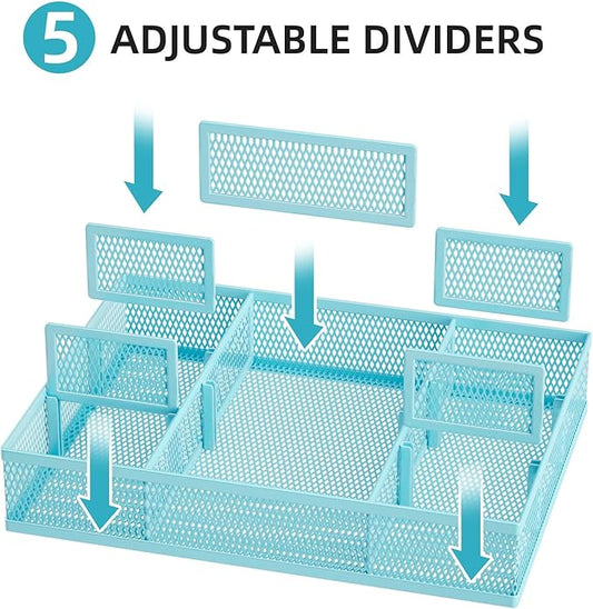 Marbrasse 2 Pack Desk Drawer Organizer, Mesh Drawer Organizer Tray with 8 Adjustable Compartments, Desk Organizers and Accessories, 5 Dividers Drawer for Office Supplies, Makeup & Vanity (Blue)