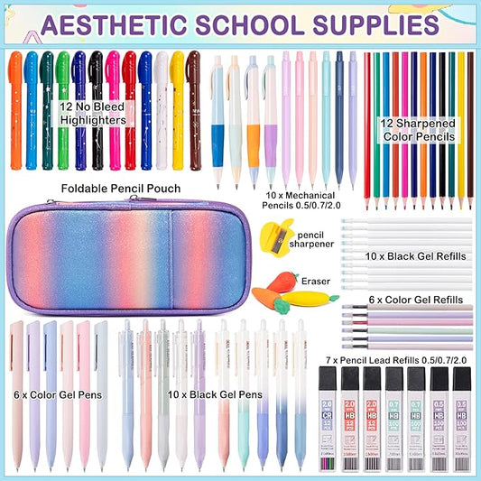 78 PCS Writing & Drawing Set with Cute Pen Case, Office Back to School Supplies Stationary 12 Pastel No Bleed Highlighters, 10 Mechanical Pencils Set 0.5 0.7 & 2.0mm, 6 Colored And 10 Black Gel Pens