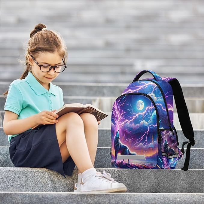 Wolf Howling Moon Lightning Backpack for Boys Girls Elementary School Bag Kids Bookbag Travel Rucksack