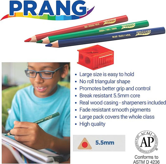Prang Easy to Hold Colored Pencils Class Pack, 12 Colors, 5.5 mm Core, 144 Pencils, 6 Sharpeners, My First