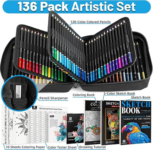 136 PCS Colored Pencils Set for Adult Coloring Books, 120 Colored Pencils with Sketchbook, Coloring Book, Sharpener, Soft Core Oil-Based Coloring Pencils for Artists Drawing Sketching Blending Shading