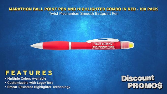 DISCOUNT PROMOS 100 Marathon Gel Highlighter Pens Pack - Customizable Text, Logo - Twist Mechanism, Ballpoint - Red