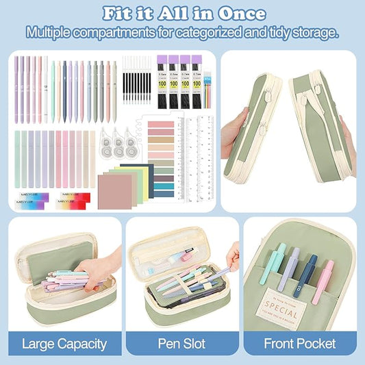 MoKo 60Pcs Aesthetic School Supplies with Cute Pencil Case,12 Pastel Highlighters,5 Black Ink Gel Pens,6 Mechanical Pencil Set 0.5 & 0.7 mm for Students Stationary College Essentials