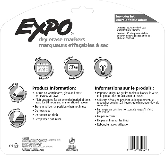 EXPO Low Odor Dry Erase Markers Chisel Tip Assorted Colors 16 Count