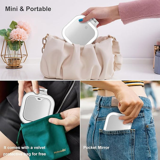 Mocado Compact Travel Makeup Mirror, 1X/10X Magnifying Mirror with Light, Double Sides Compact Mirror with 3 Color Light, Dimmable Handheld Mirror, Rechargeable Travel for Purse,Pocket(White)
