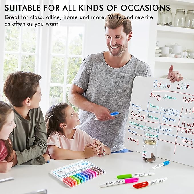 Shuttle Art Wet Erase Markers, 12 Colors 1mm Fine Tip Overhead Projectors Transparency Smudge-Free Markers, Works for Laminated Calendars Whiteboard Schedule Glass, Wipe with Water