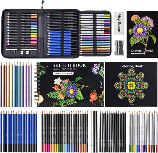 PRINA 81 Drawing Set Sketching Kit, Pro Sketch Pencils Art Supplies with Rainbow, Colored, Graphite, Watercolor, Metallic, Charcoal Pencil, Sketchbook, Coloring Book, Gift Case for Artists Adults Kids
