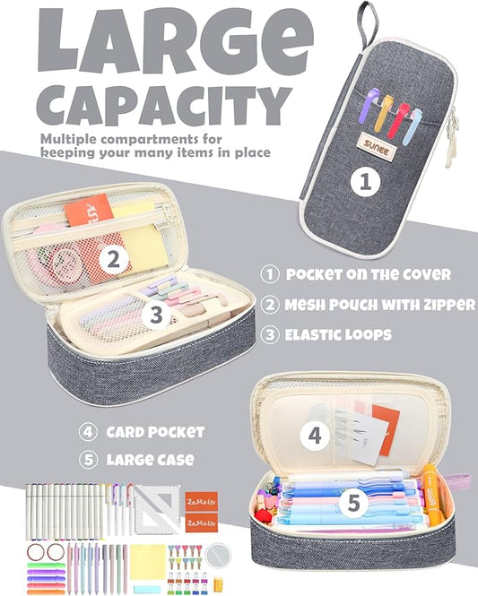 SUNEE Cute Pencil Case, Aesthetic Pen Pouch, Colored Large Pencil Bag with Zipper, Kawaii Stationery Storage and Organizer, School Supplies for Teen and Adult Girls, Gray