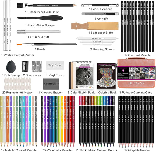 HIFORNY 100 PCS Drawing & Sketching Set, Professional Art Supplies with Graphite,Charcoal, Colored,Watercolor,Metallic Pencils,Blending Tools,Sketchbook and Coloring Book in Zipper Case (Pink)