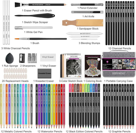 HIFORNY 100 PCS Drawing & Sketching Set, Professional Art Supplies with Graphite,Charcoal, Colored,Watercolor,Metallic Pencils,Blending Tools,Sketchbook and Coloring Book in Zipper Case (Grey)