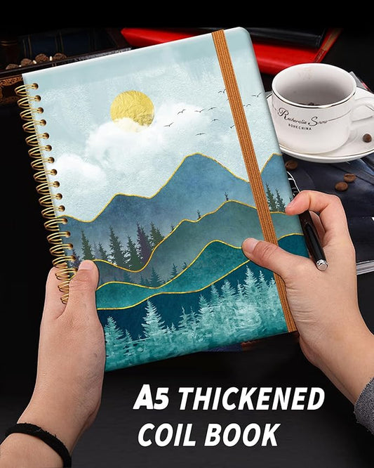 Ruled Spiral Writing Notebook,A5 Hardcover Lined College Journal for Women Lady Girl,Strong Twin-Wire Binding with Premium Paper,8.4" X 6",Perfect for School,Office,Home Gifts(teal mountain tree