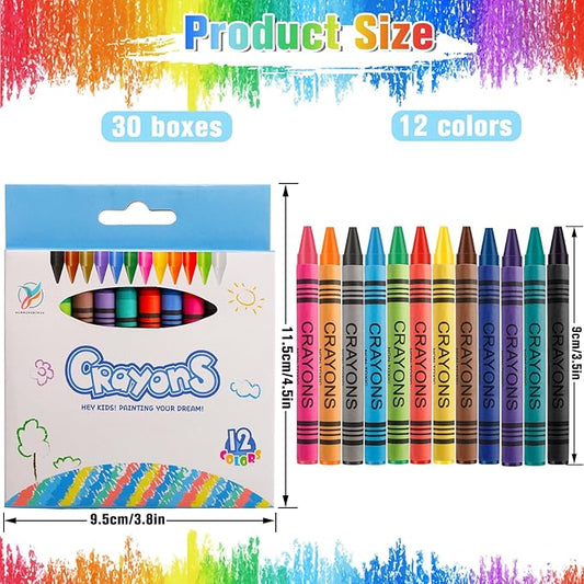 Jeffbaubl Bulk Crayons,30 Boxes of 12-Packs Color Crayons, Bulk Crayon Individual Packs,Washable Crayon,Crayons Party Favors for Classroom Restaurants School Supplies(12 Colors