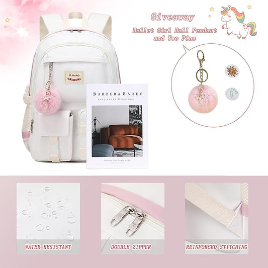 Girls Backpack,15.6 Inch Laptop School Bag Large Primary Elementary Middle College Bookbags Kids Backpacks for Teens Girls Women Students Anti Theft Travel Daypack (Off white)