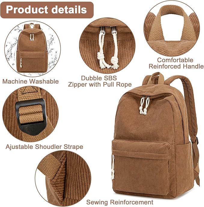 School Backpack for Teens Large Corduroy Bookbag Lightweight 15.6 inch Laptop Bag for Girls Women Casual High School College