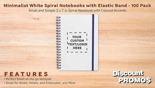 100 White Spiral Notebooks with Elastic Band Pack - Customizable Text, Logo - 80 lined pages, Recycled - Blue