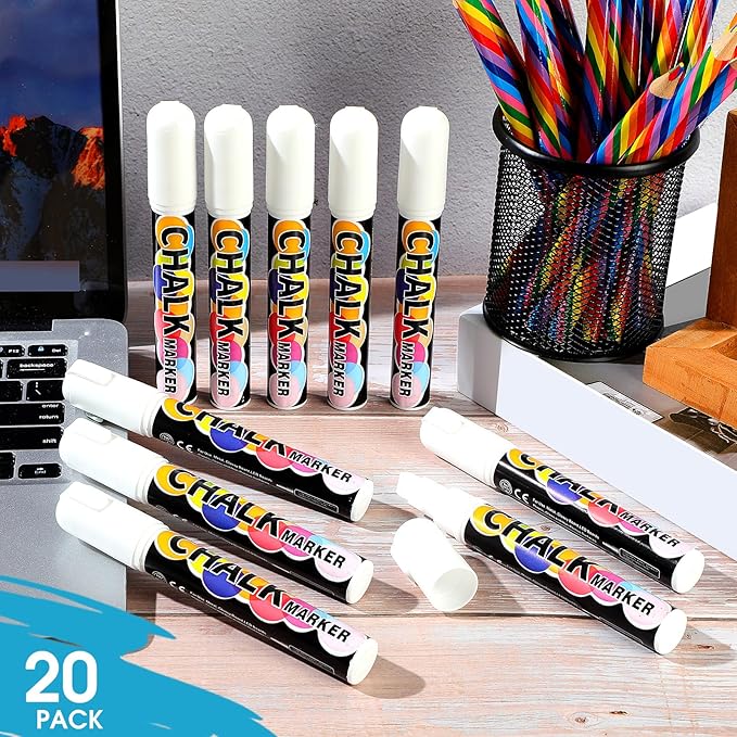 Fuutreo 20 Pack White Jumbo Chalk Markers 10mm Liquid White Chalk Markers Window Pen Whiteboard Paint Pens Erasable for Cars Windows
