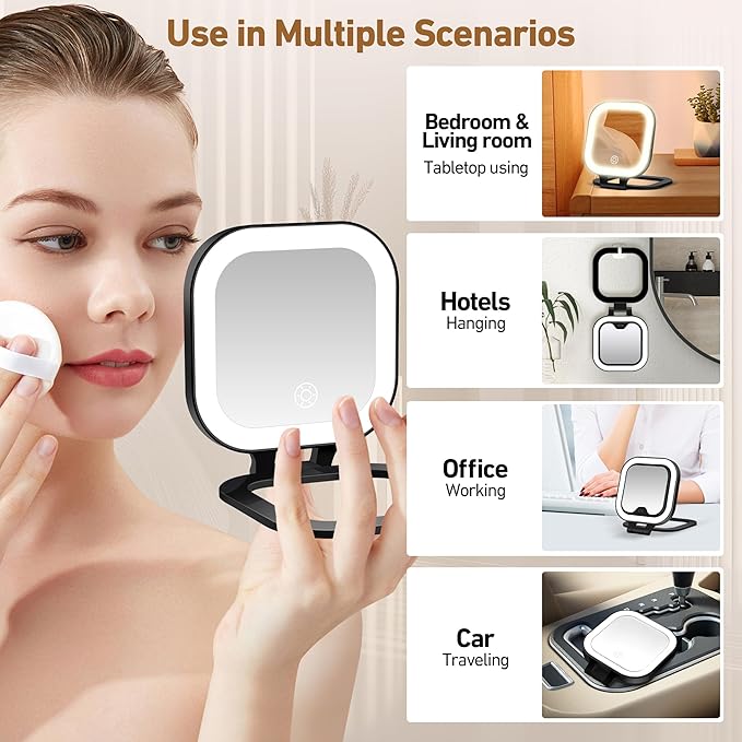 Travel Mirror with Light, 1x/30x Magnifying Mirror with 3 Color Lights and Adjustable Brightness, 4.5x3.9 inch Small Compact Hangable Hand Pocket 3 Way Mirrors, Comes with Tweezer
