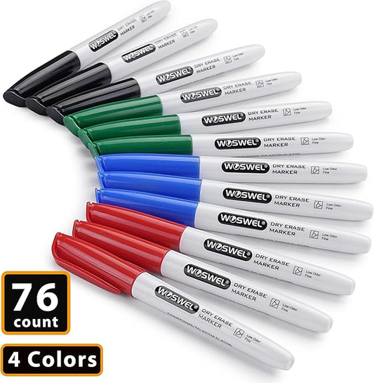 Fine Tip Dry Erase Markers 76 Pack 4 Assorted Colors(Black,Blue,Green,Red) Low Odor Whiteboard Erasable Markers Bulk for Kids Adults,Ideal for Classroom School Office Home,Non-Toxic Easy Clean