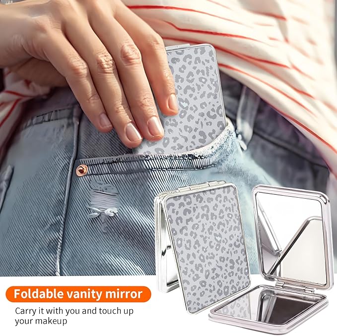 Compact Pocket Mirror, Cute Travel Mini Mirror with Magnification, Foldable Double-Sided Portable Cosmetic Mirror for Men, Women Grey Leopard