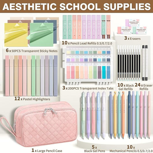 62PCS Aesthetic School Supplies with Cute Pencil Case, Pastel Highlighters Black Ink Gel Pens Mechanical Pencils Kit, Back to School Supplies College Essentials Preppy Stationary Set for Student Girls