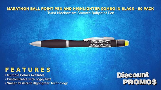 DISCOUNT PROMOS 50 Marathon Gel Highlighter Pens Pack - Customizable Text, Logo - Twist Mechanism, Ballpoint - Black