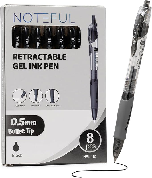 Retractable Click Gel Pens For Journaling, Smooth Writing, Black Gel Ink Fine Point Pen (0.5 mm), Pack of 8