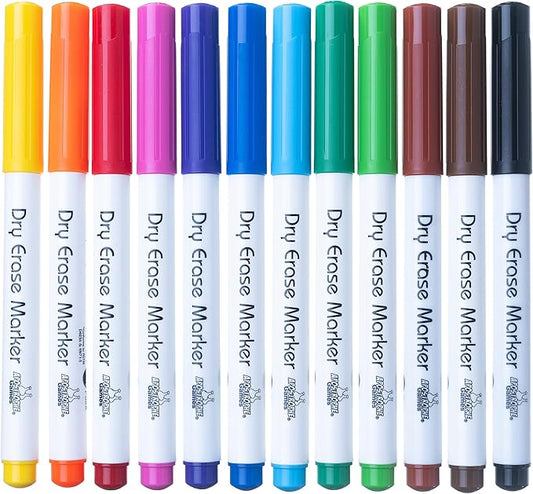 Apostrophe Games Fine Point Dry Erase Markers - Multicolor Variety Pack Pens, 12 Colors - Reusable Whiteboard Markers, Wipes Clean